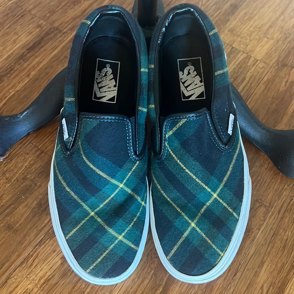 Vans Slip Ons women’s 9 men’s 7 1/2. Green plaid